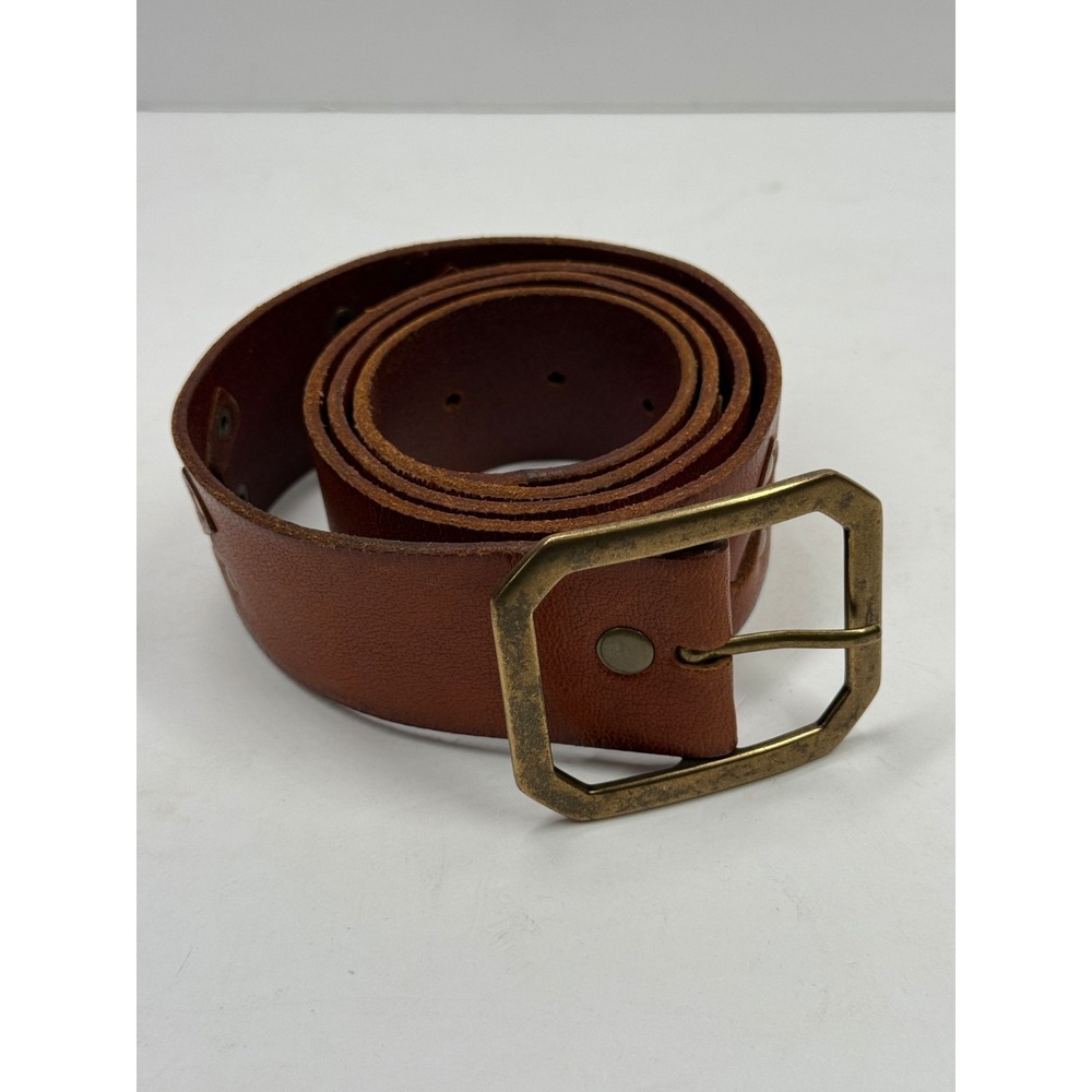 Linea Pelle Leather Waist Belt Tan Studded Brass Pin Buckle Wide Size 36